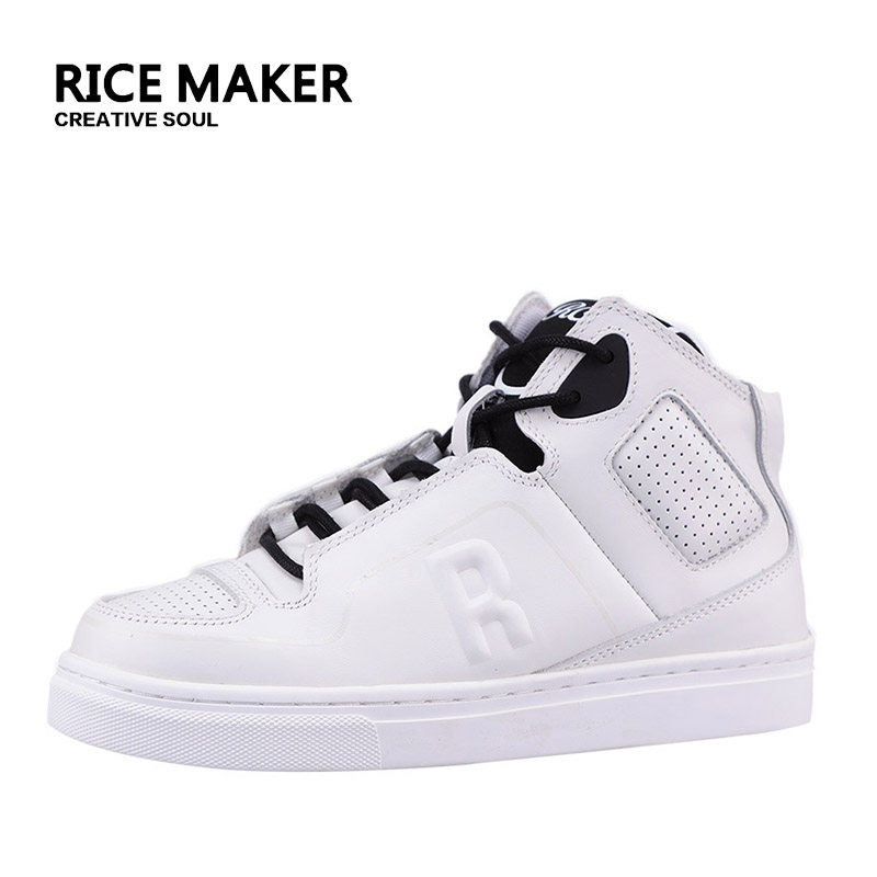 热米RICEMAKER男女情侣品牌全牛皮平底时尚潮鞋高帮白色滑板鞋