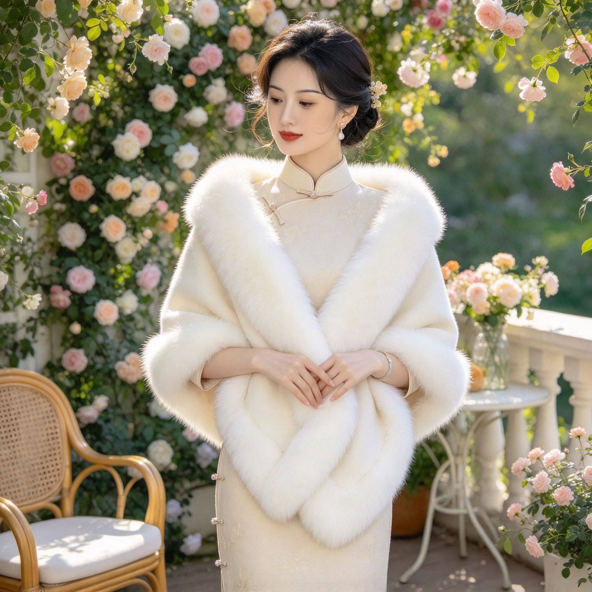 婚纱披肩女秋冬季仿狐狸毛貂绒皮草外套斗篷新娘外披旗袍外搭保暖