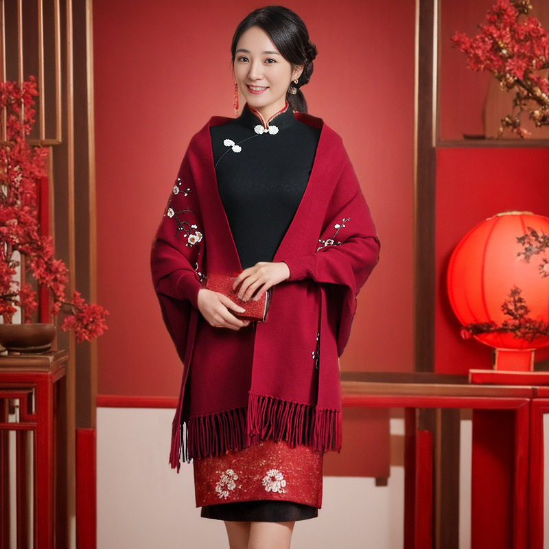 红色披肩外搭女2026新款妈妈配旗袍秋喜婆婆羊绒结婚礼服斗篷外套