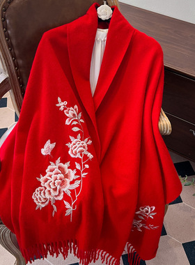 牡丹纯羊毛红色围巾女冬季保暖结婚婚礼旗袍披肩刺绣送妈妈喜婆婆