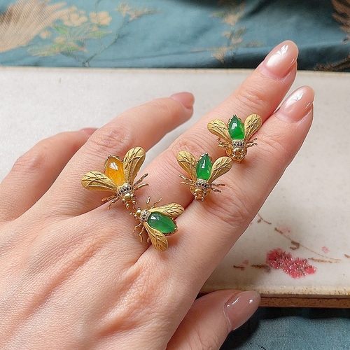 蜜恋 18K金镶嵌天然A货翡翠帝王绿蜜蜂造型戒指耳钉套装 精工重金