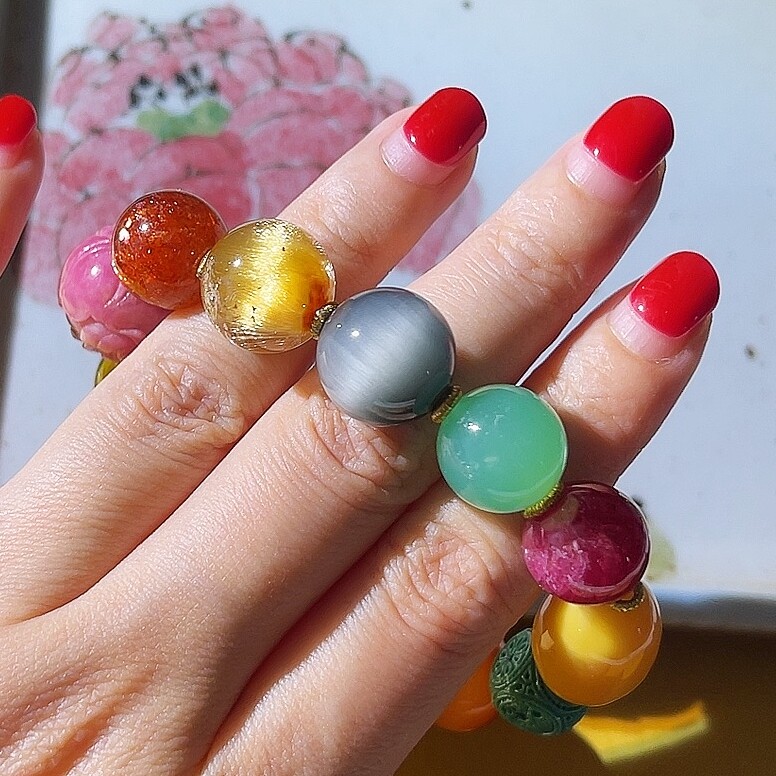团花 天然蜜蜡南红发晶绿松石圆珠多宝手串手链 多种材质高等级款