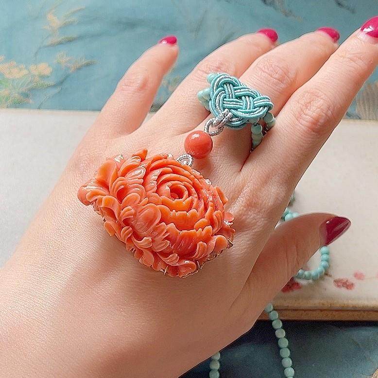 繁花 18K金镶嵌红色南红精雕牡丹花配绿松石吊坠挂件毛衣链 大气,珠宝/钻石/翡翠,颈饰,淘宝优惠券,粉丝福利购,淘宝优惠卷