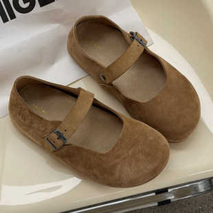 诗歌兰2026春款磨砂皮玛丽珍鞋女魔术贴一字扣带圆头百搭软底单鞋