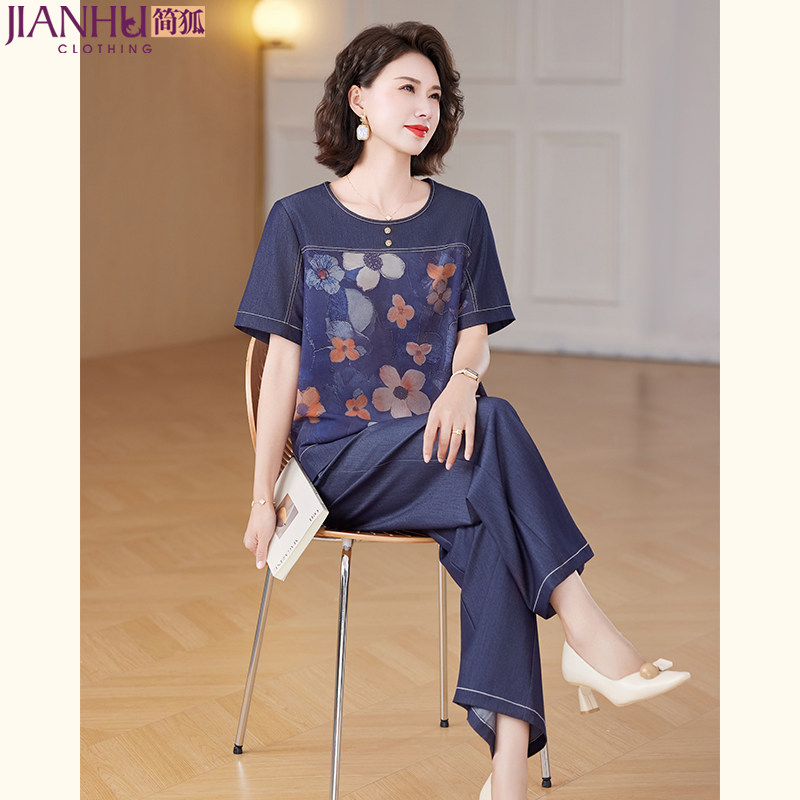 中年妈妈夏装印花短袖t恤套装2025新款洋气质中老年女装宽松衣服