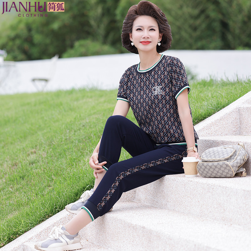 年轻妈妈夏装两件套中年短袖洋气上衣中老年夏季雪纺休闲运动套装
