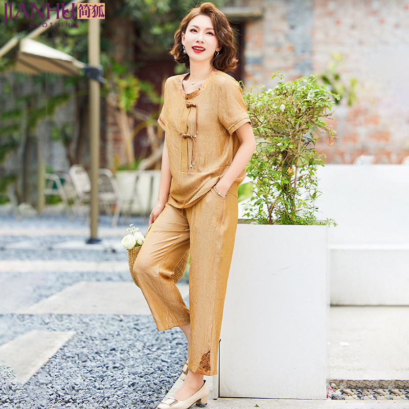 年轻妈妈夏装两件套中老年夏季雪纺休闲运动套装中年短袖洋气上衣