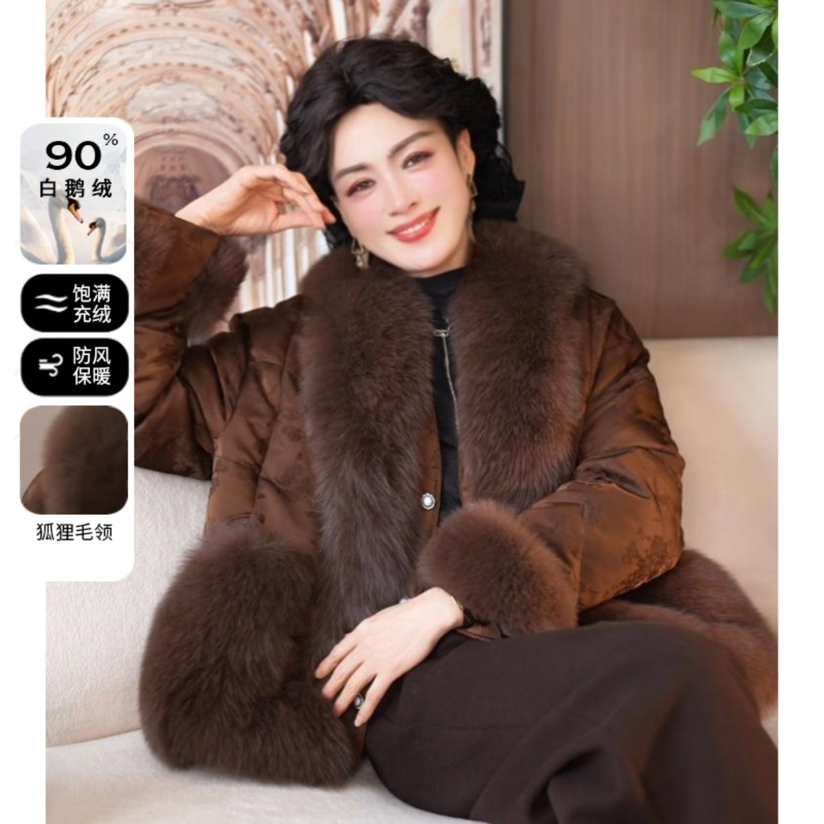 2025冬季新款妈妈装90白鹅绒羽绒服年货中年女装超大狐狸毛领外套