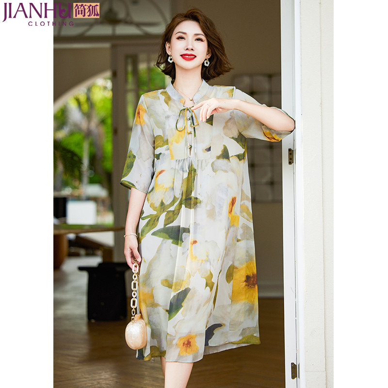 中老年女装夏季雪纺连衣裙短袖妈妈装夏款过膝薄款长裙子爆款衣服