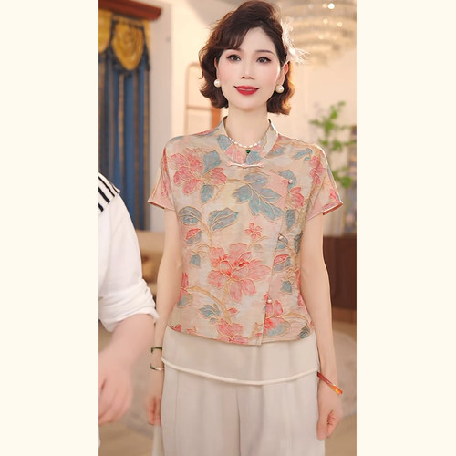 妈妈夏装洋气衬衣T恤小衫两件套