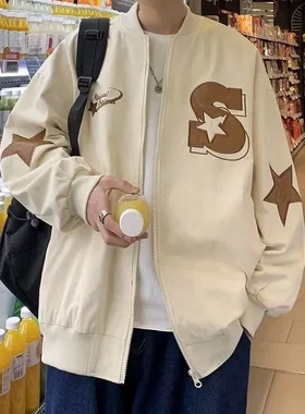 外套男秋季美式宽松休闲贴布立领棒球服ins港风潮流潮牌百搭夹克