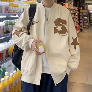 外套男秋季美式宽松休闲贴布立领棒球服ins港风潮流潮牌百搭夹克
