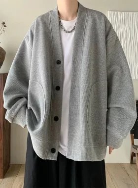 纯黑色日系慵懒风外套男高级感华夫格V领开衫卫衣春秋季宽松夹克