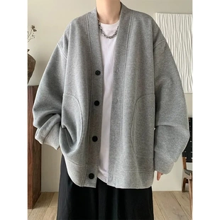 纯黑色日系慵懒风外套男高级感华夫格V领开衫卫衣春秋季宽松夹克
