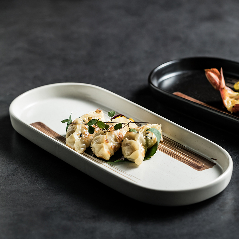 创意拉丝椭圆盘寿司盘刺身盘烤鸡翅盘臭豆腐油炸鸡块盘陶瓷菜盘子