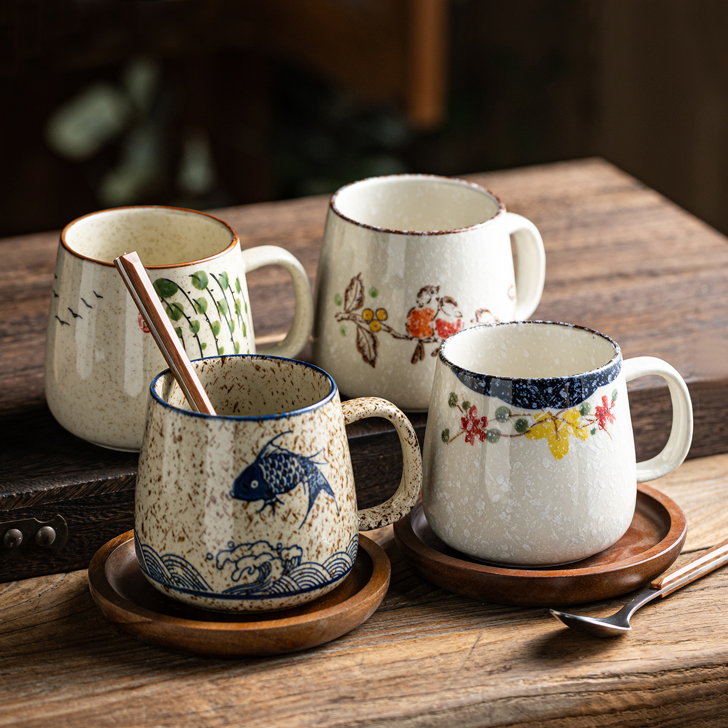 复古日式陶瓷杯马克杯带勺家用咖啡杯喝水杯子饭店餐厅商用茶水杯