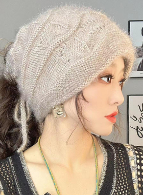 松鼠绒抽绳针织包头帽秋冬保暖洋气围脖毛线堆堆帽2025新款帽子女