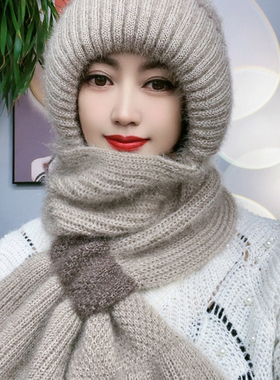 加绒针织风雪帽冬天保暖护颈妈妈洋气护耳包头帽帽子围巾一体帽女