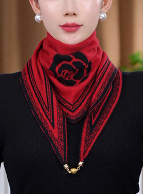 秋冬双面女士三角围巾围脖护颈保暖针织山茶花磁吸扣丝巾2025新款