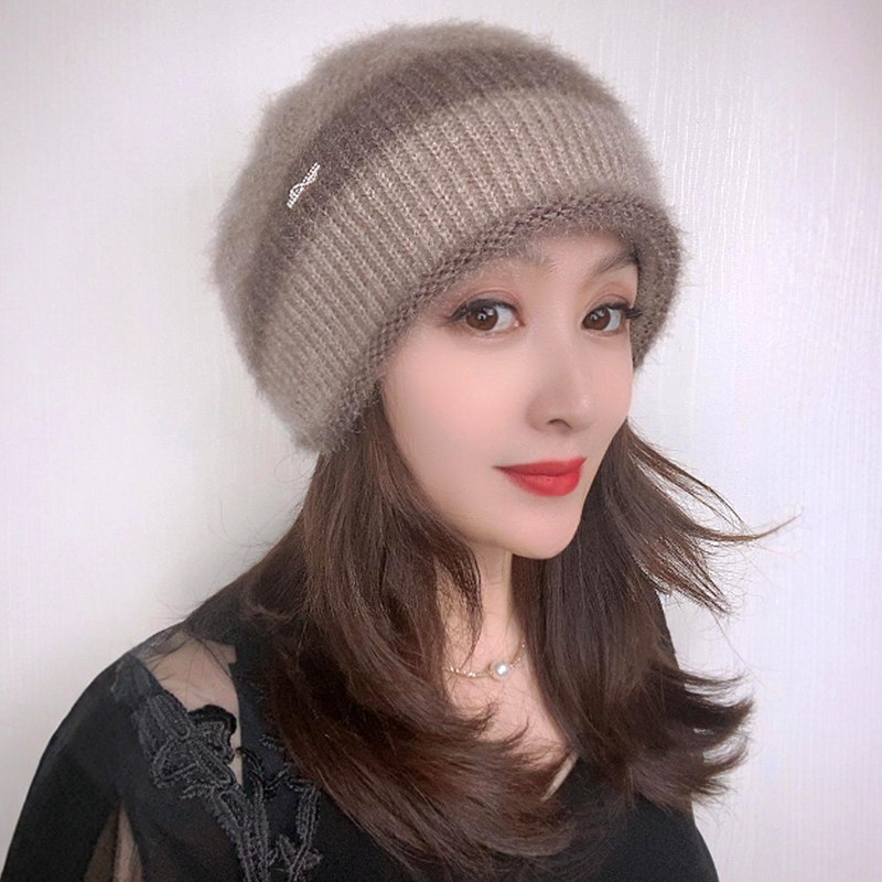 松鼠绒双层针织保暖帽护耳包头帽秋冬款中年妈妈时尚洋气女士帽子