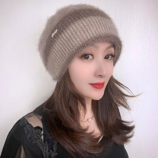 松鼠绒双层针织保暖帽护耳包头帽秋冬款中年妈妈时尚洋气女士帽子