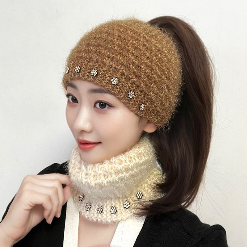 秋冬保暖遮白发头套毛线帽子女宽边护额发带帽针织帽头巾包头帽女