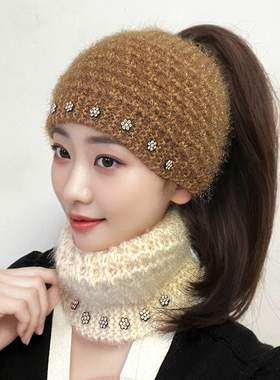秋冬保暖遮白发头套毛线帽子女宽边护额发带帽针织帽头巾包头帽女