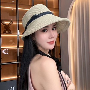 简约卷边草帽遮阳帽防紫外线大帽檐洋气可折叠盆帽太阳帽女防晒帽