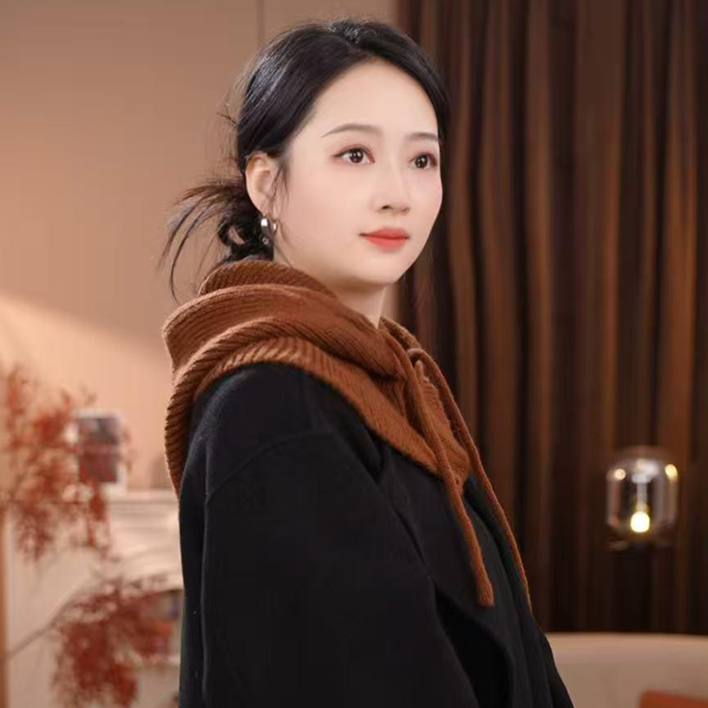 秋冬保暖一体围脖帽子搭配外套大衣时尚洋气百搭加厚针织包头帽女