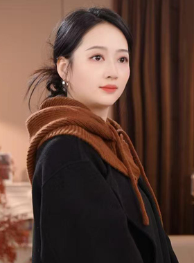 秋冬保暖一体围脖帽子搭配外套大衣时尚洋气百搭加厚针织包头帽女