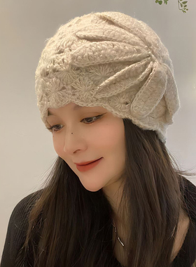 手工钩花包头帽遮白发毛线帽秋冬防寒保暖帽子女镂空针织帽瓜皮帽