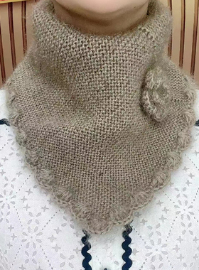 手工针织小花三角巾围脖保暖防寒百搭松鼠绒秋冬季套头假领围巾女
