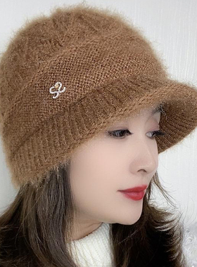 洋气帽子女2025新款冬季保暖松鼠绒中老年人针织毛线盆帽鸭舌帽女