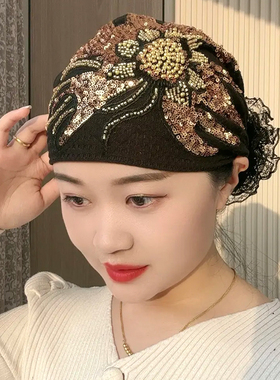 亮片太阳花遮白发帽子女新款时尚洋气蕾丝花头巾束发帽盘发包头帽