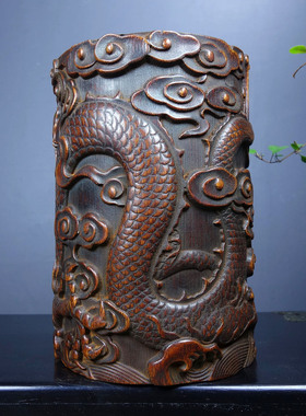 民俗老物件手工竹笔筒复古盘龙雕花笔筒摆件竹子雕书房老货收藏品