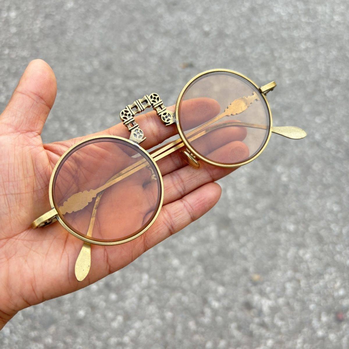 老式怀旧铜框地主眼镜复古水晶圆形茶色玻璃仿古墨镜护目镜太阳镜