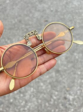 老式怀旧铜框地主眼镜复古水晶圆形茶色玻璃仿古墨镜护目镜太阳镜