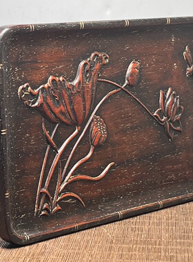 仿古风檀木雕刻荷塘雅趣长方形干泡台老式茶盘实木托盘29x20x2cm