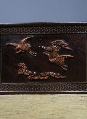 中式旧古黑檀木镶黄杨木雕刻仙鹤茶盘摆盘实木托盘摆件26x17x2cm