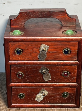 仿古首饰盒花梨木镶珠子三抽屉提盒收纳盒实木桌面摆件14x12x19cm