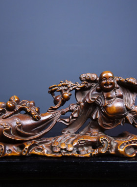 旧藏黄杨木雕弥勒佛小摆件办公室书房装饰品 长10cm宽2.5cm高5cm