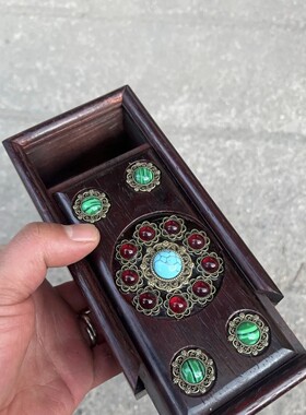 老式收藏品花梨木雕仿古风推拉盒实木首饰盒收纳盒摆件15/8/6厘米