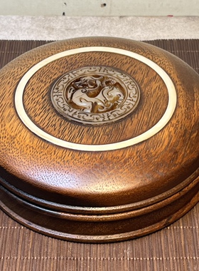 仿古做旧花梨木镶古龙图案圆形手串盒手镯盒实木13x13x4CM
