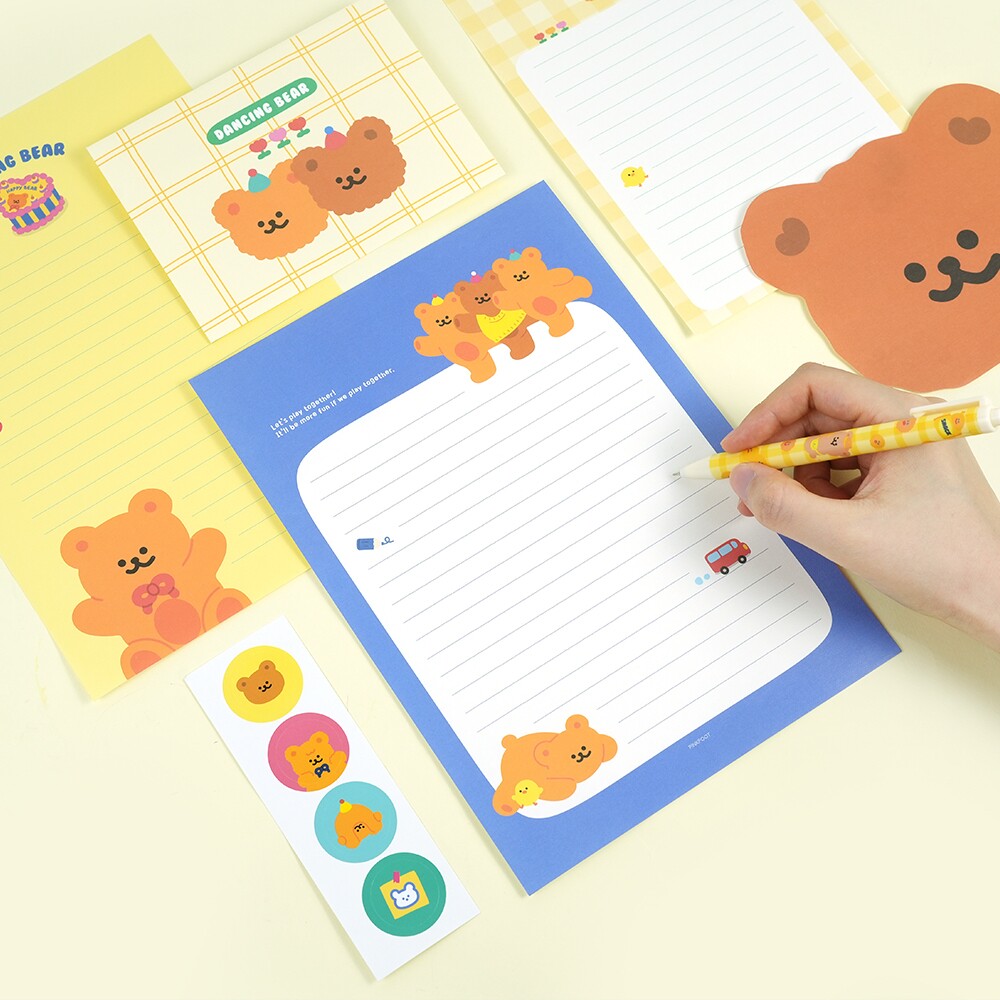 韩国正品pinkfoot 舞蹈熊写信书信信纸信封贴纸卡片合15个套装