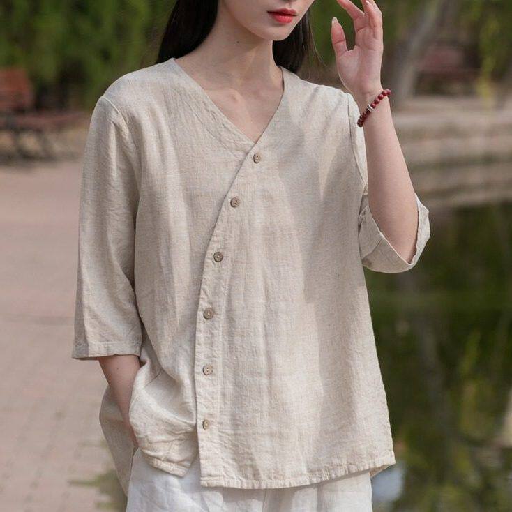 七喜家砂洗女春夏2025文艺上衣亚麻棉麻领新款V女装休闲短袖T恤衫