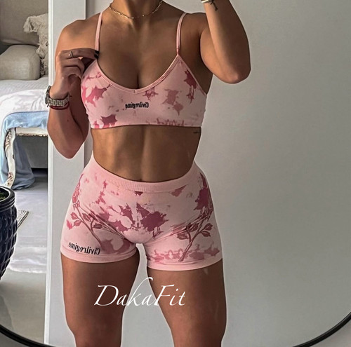 DakaFit CivilRegime粉色玫瑰无缝针织扎染健身训练短裤套装