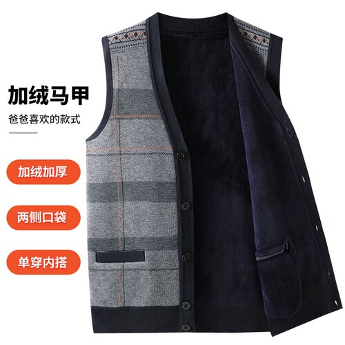 爸爸装秋冬季中老年人绒马甲男加绒加厚背心中年男士针织羊毛坎肩 - 封面