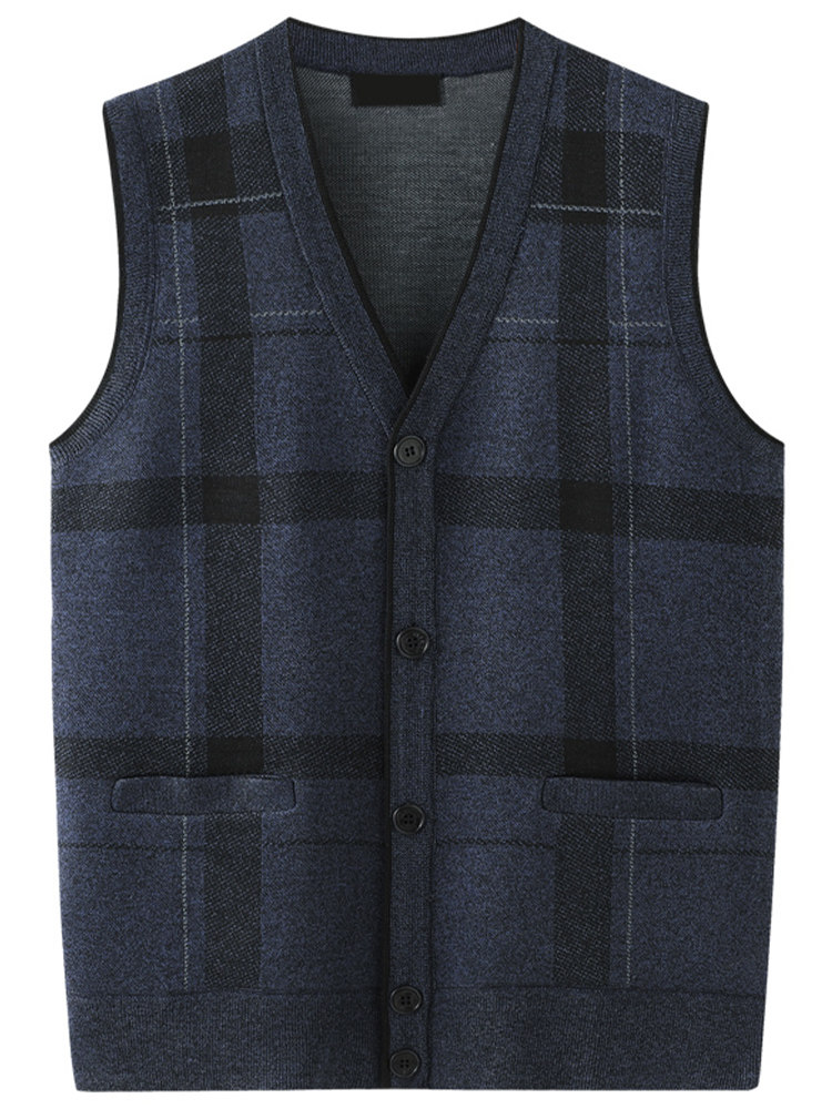 아빠 양털 조끼 남자 조끼 할아버지 민소매 스웨터 브이넥 중노인 가디건 모직 노인