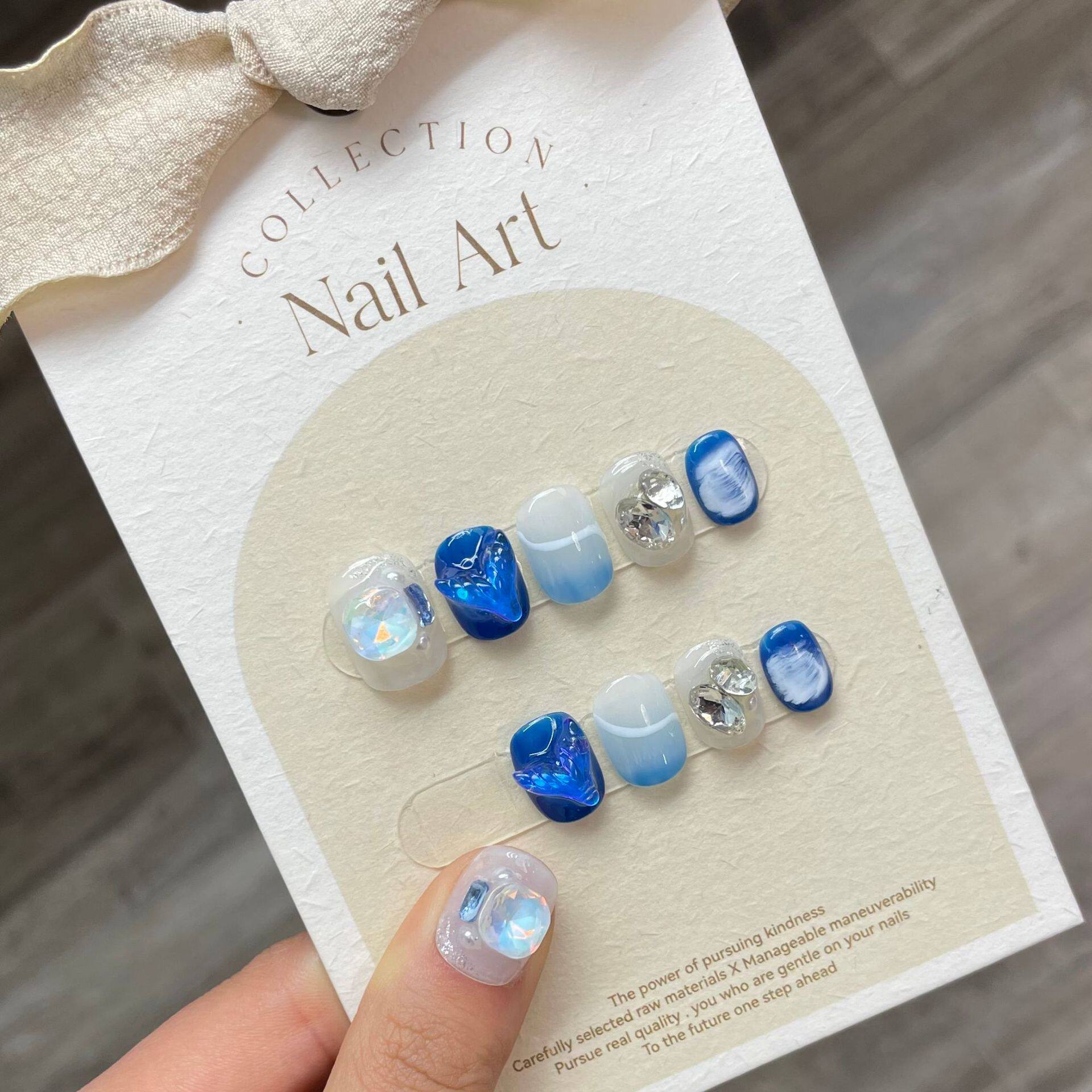 纯手工穿戴甲人鱼海洋短款高级感美甲成品手工美甲指甲假贴片