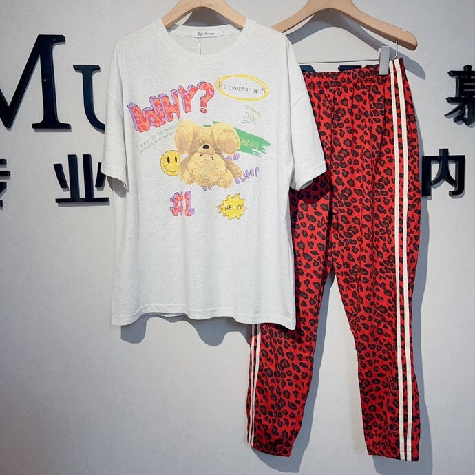 小熊家新女士睡衣家居服可外穿半袖长裤丝光棉韩版可爱卡通抱抱熊